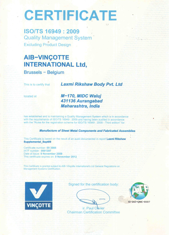 Laxmi Rikshaw Body ISO/TS 16949:2009